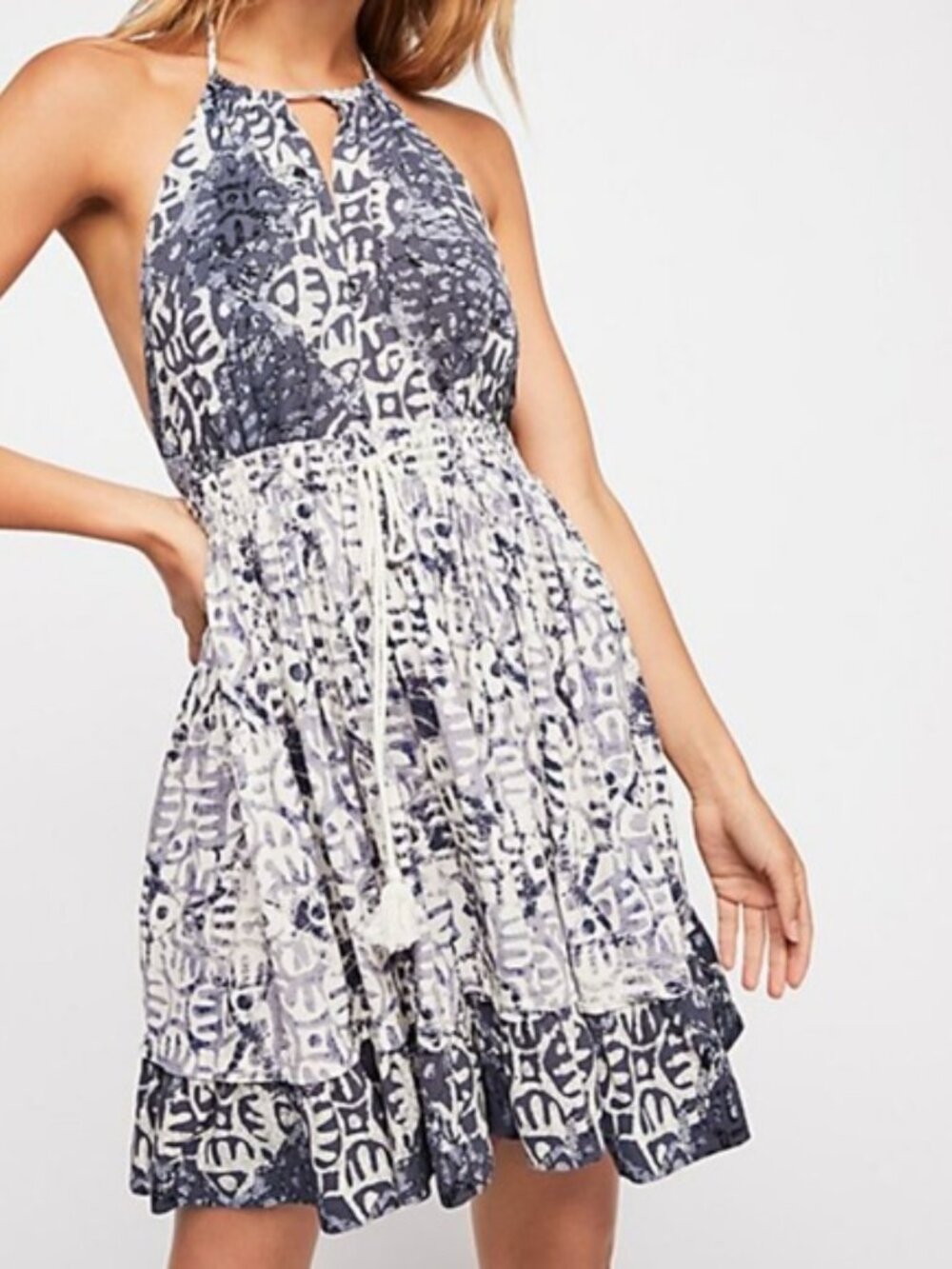 Free People NWT XS Blue White Halter Backless Ruffle Mini Summer Dress